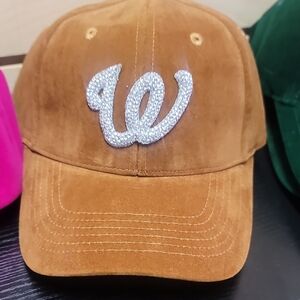 W-Brown Suede Cap with Rhinestone Lettering